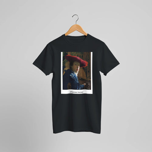 Girl with the Red Hat (ca. 1665-1666) by Johannes Vermeer. Custom Print on a 100% Airlume Combed and Ring-Spun Cotton Unisex Crewneck T-shirt Optimised Aspect Ratio.