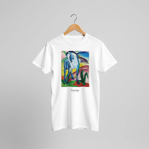 Blue Horse I (1911) by Franz Marc. Custom Print on a 100% Airlume Combed and Ring-Spun Cotton Unisex Crewneck T-shirt Original Aspect Ratio