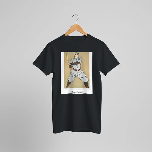 Vintage drawing of a baseball player holding a bat (1908) by Edward Penfield. Custom Print on a 100% Airlume Combed and Ring-Spun Cotton Unisex Crewneck T-shirt Optimised Aspect Ratio.