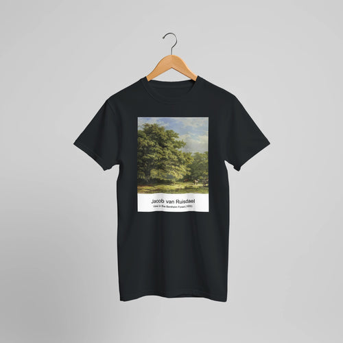 View in the Bentheim Forest (1655) by Jacob van Ruisdael. Custom Print on a 100% Airlume Combed and Ring-Spun Cotton Unisex Crewneck T-shirt Optimised Aspect Ratio.