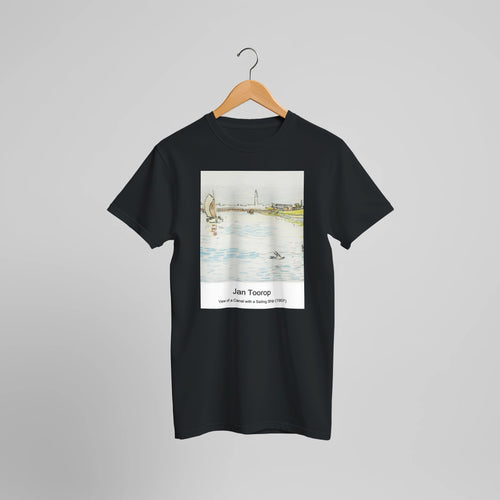 View of a Canal with a Sailing Ship (1907) by Jan Toorop. Custom Print on a 100% Airlume Combed and Ring-Spun Cotton Unisex Crewneck T-shirt Optimised Aspect Ratio.