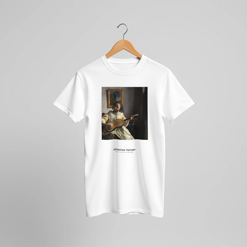 The Guitar Player (1670-1672) by Johannes Vermeer. Custom Print on a 100% Airlume Combed and Ring-Spun Cotton Unisex Crewneck T-shirt Original Aspect Ratio