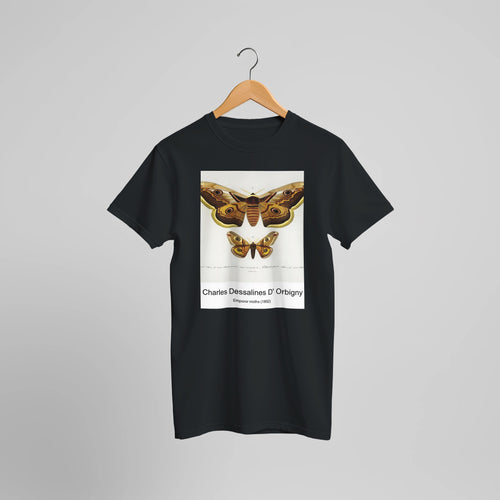 Emporor moths (1892) by Charles Dessalines D' Orbigny. Custom Print on a 100% Airlume Combed and Ring-Spun Cotton Unisex Crewneck T-shirt Optimised Aspect Ratio.
