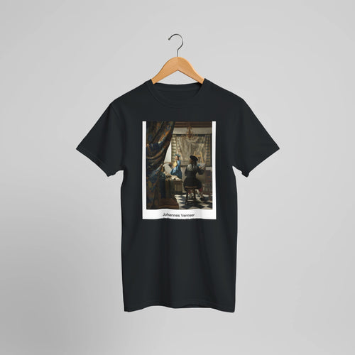 The Allegory of Painting (1666 -1668) by Johannes Vermeer. Custom Print on a 100% Airlume Combed and Ring-Spun Cotton Unisex Crewneck T-shirt Optimised Aspect Ratio.