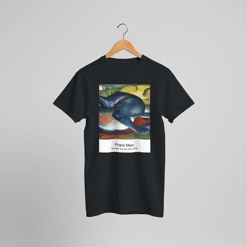 Two cats, blue and yellow (1912) by Franz Marc. Custom Print on a 100% Airlume Combed and Ring-Spun Cotton Unisex Crewneck T-shirt Optimised Aspect Ratio.