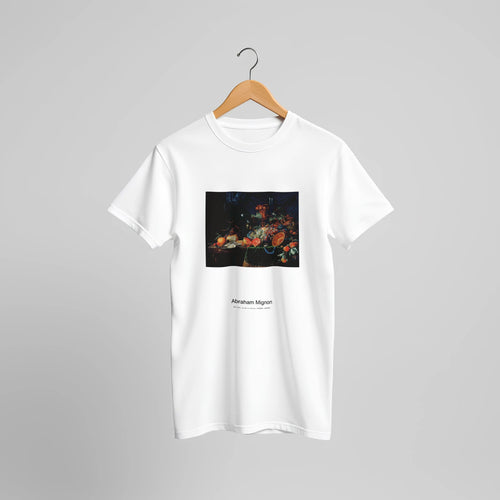 Fruits and oysters (1660-1679) by Abraham Mignon. Custom Print on a 100% Airlume Combed and Ring-Spun Cotton Unisex Crewneck T-shirt Original Aspect Ratio