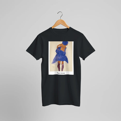 Standing Girl, Back View (1908) by Egon Schiele. Custom Print on a 100% Airlume Combed and Ring-Spun Cotton Unisex Crewneck T-shirt Optimised Aspect Ratio.