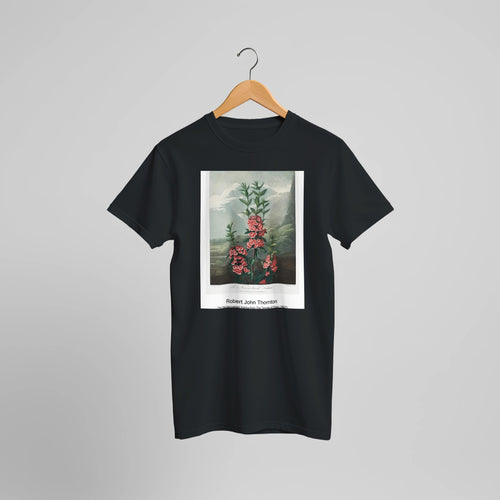 The Temple of Flora (1807) by Robert John Thornton. Custom Print on a 100% Airlume Combed and Ring-Spun Cotton Unisex Crewneck T-shirt Optimised Aspect Ratio.