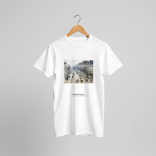 The Boulevard Montmartre on a Winter Morning (1897) by Camille Pissarro. Custom Print on a 100% Airlume Combed and Ring-Spun Cotton Unisex Crewneck T-shirt Original Aspect Ratio