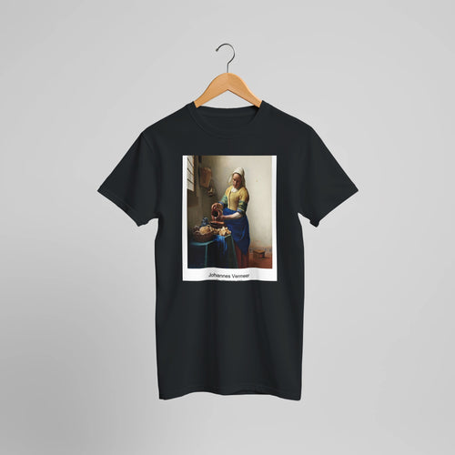 The Milkmaid (ca. 1660) by Johannes Vermeer. Custom Print on a 100% Airlume Combed and Ring-Spun Cotton Unisex Crewneck T-shirt Optimised Aspect Ratio.