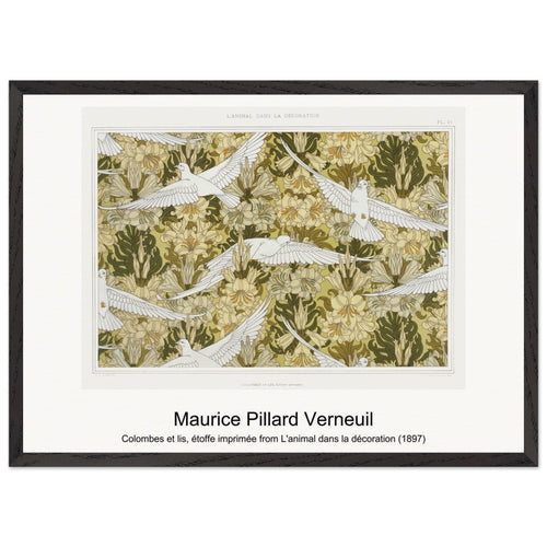Colombes et lis, étoffe imprimée from L'animal dans la décoration (1897) by Maurice Pillard Verneuil. Archival Print on Museum Quality Matte Paper. Premium Wood Framed Wall Art. Original Aspect Ratio