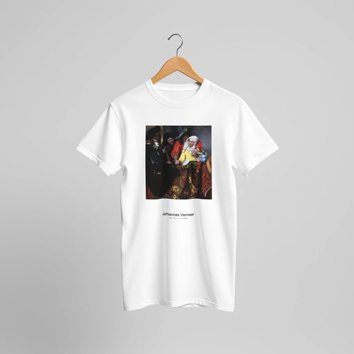 The Procuress (1656) by Johannes Vermeer. Custom Print on a 100% Airlume Combed and Ring-Spun Cotton Unisex Crewneck T-shirt Original Aspect Ratio