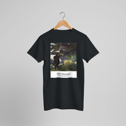 The Snake Charmer (1907) by Henri Rousseau. Custom Print on a 100% Airlume Combed and Ring-Spun Cotton Unisex Crewneck T-shirt Optimised Aspect Ratio.