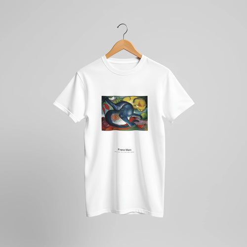 Two cats, blue and yellow (1912) by Franz Marc. Custom Print on a 100% Airlume Combed and Ring-Spun Cotton Unisex Crewneck T-shirt Original Aspect Ratio