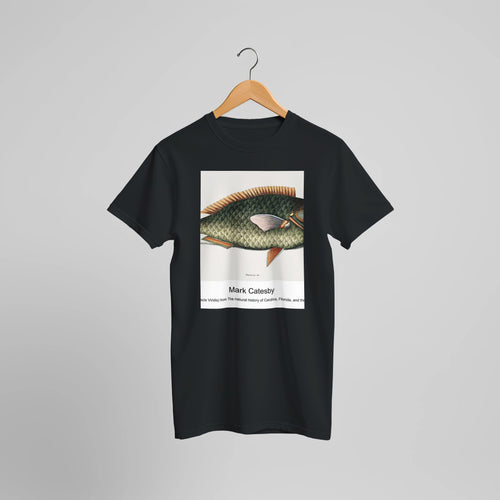Parrot Fish (Psittacus Piscis Viridis) from The natural history of Carolina, Florida, and the Bahama Islands (1754) by Mark Catesby. Custom Print on a 100% Airlume Combed and Ring-Spun Cotton Unisex Crewneck T-shirt Optimised Aspect Ratio.