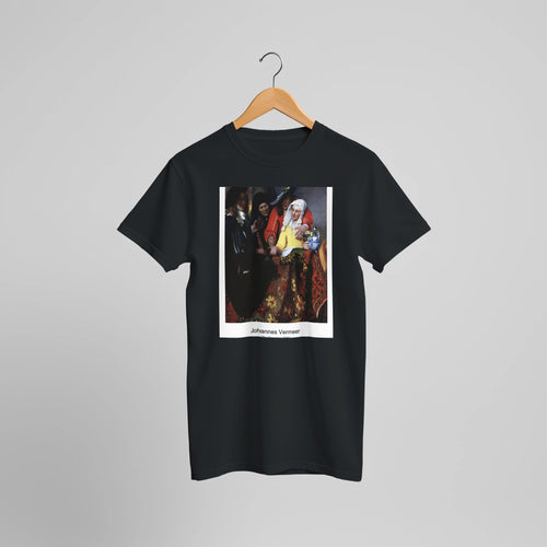 The Procuress (1656) by Johannes Vermeer. Custom Print on a 100% Airlume Combed and Ring-Spun Cotton Unisex Crewneck T-shirt Optimised Aspect Ratio.