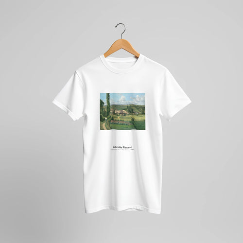 Landscape at Les Pâtis, Pontoise (1868) by Camille Pissarro. Custom Print on a 100% Airlume Combed and Ring-Spun Cotton Unisex Crewneck T-shirt Original Aspect Ratio