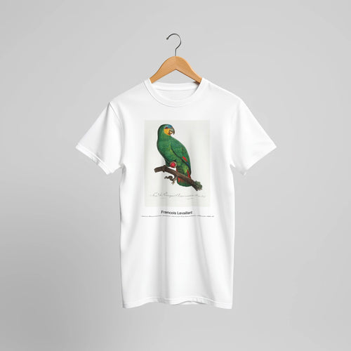 The Orange-Winged Amazon, Amazona amazonica from Natural History of Parrots (1801-1805) by François Levaillant. Custom Print on a 100% Airlume Combed and Ring-Spun Cotton Unisex Crewneck T-shirt Original Aspect Ratio