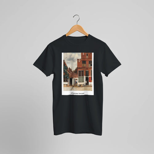 The Little Street (ca. 1658) by Johannes Vermeer. Custom Print on a 100% Airlume Combed and Ring-Spun Cotton Unisex Crewneck T-shirt Optimised Aspect Ratio.