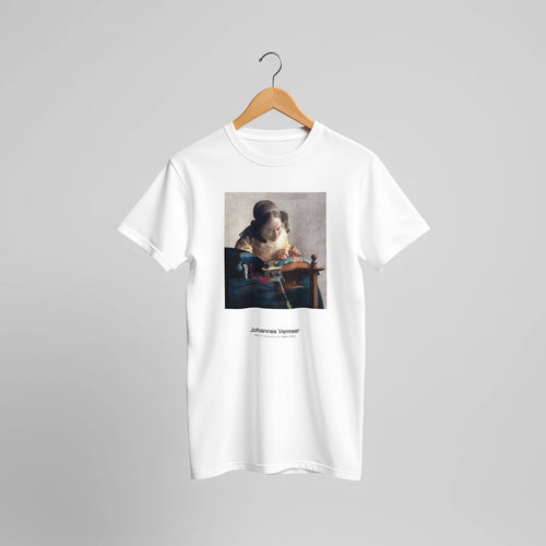 The Lacemaker (ca. 1669-1671) by Johannes Vermeer. Custom Print on a 100% Airlume Combed and Ring-Spun Cotton Unisex Crewneck T-shirt Original Aspect Ratio