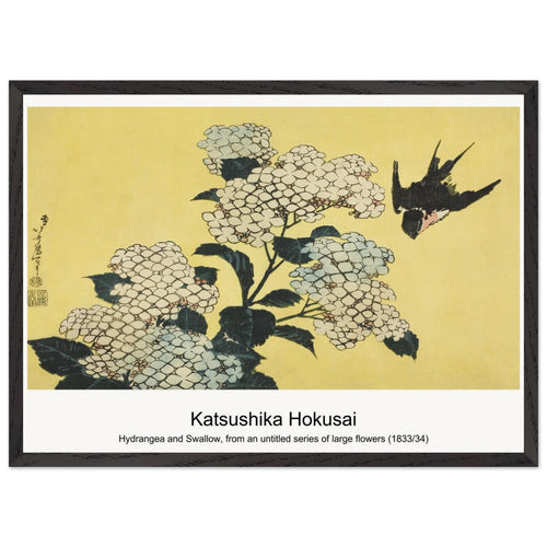 Hydrangea and Swallow, from an untitled series of large flowers (1833/34) by Katsushika Hokusai. Archival Print on Museum Quality Matte Paper. Premium Wood Framed Wall Art. Optimised Aspect Ratio.