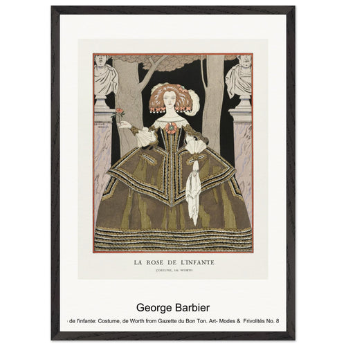 La rose de l'infante: Costume, de Worth from Gazette du Bon Ton. Art- Modes & Frivolités No. 8 (1924) by George Barbier. Archival Print on Museum Quality Matte Paper. Premium Wood Framed Wall Art. Original Aspect Ratio