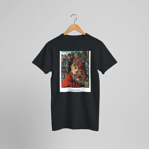 The Martyrdom of Saint Barbara (1510) by Lucas Cranach the Elder. Custom Print on a 100% Airlume Combed and Ring-Spun Cotton Unisex Crewneck T-shirt Optimised Aspect Ratio.