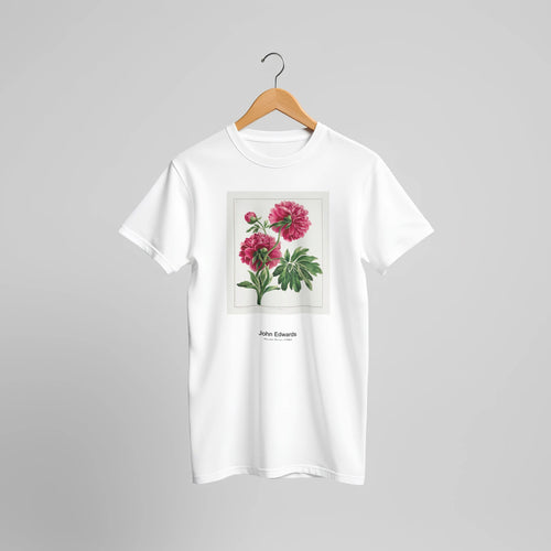 Double Peony (1789) by John Edwards. Custom Print on a 100% Airlume Combed and Ring-Spun Cotton Unisex Crewneck T-shirt Original Aspect Ratio