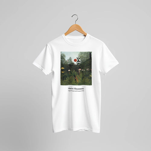 Virgin Forest with Sunset (1910) by Henri Rousseau. Custom Print on a 100% Airlume Combed and Ring-Spun Cotton Unisex Crewneck T-shirt Original Aspect Ratio