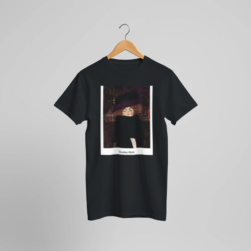 Dame mit Hut und Federboa (1909) by Gustav Klimt. Custom Print on a 100% Airlume Combed and Ring-Spun Cotton Unisex Crewneck T-shirt Optimised Aspect Ratio.