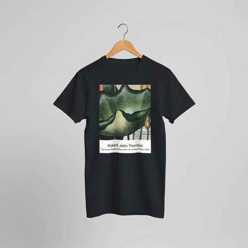 The Sacred Egyptian Bean from The Temple of Flora (1804) by Robert John Thornton. Custom Print on a 100% Airlume Combed and Ring-Spun Cotton Unisex Crewneck T-shirt Optimised Aspect Ratio.