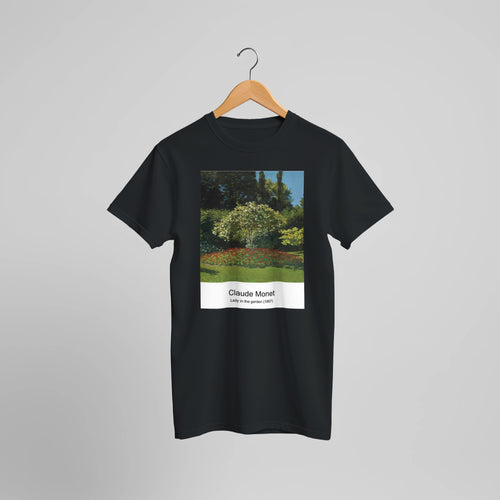 Lady in the garden (1867) by Claude Monet. Custom Print on a 100% Airlume Combed and Ring-Spun Cotton Unisex Crewneck T-shirt Optimised Aspect Ratio.