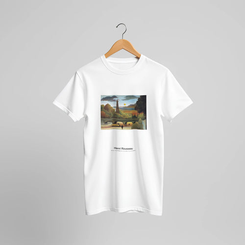 Seine and Eiffel-tower in the sunset (1910) by Henri Rousseau. Custom Print on a 100% Airlume Combed and Ring-Spun Cotton Unisex Crewneck T-shirt Original Aspect Ratio