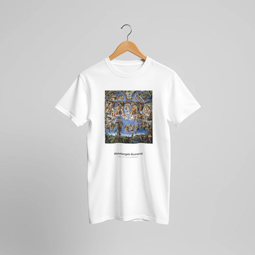 The Last Judgment (1536-1541) by Michelangelo Buonarroti. Custom Print on a 100% Airlume Combed and Ring-Spun Cotton Unisex Crewneck T-shirt Original Aspect Ratio