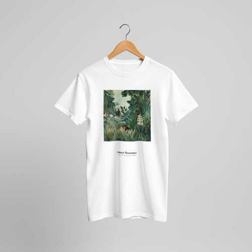 The Equatorial Jungle (1909) by Henri Rousseau. Custom Print on a 100% Airlume Combed and Ring-Spun Cotton Unisex Crewneck T-shirt Original Aspect Ratio