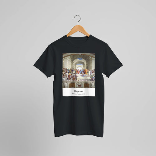 School of Athens (1511) by Raphael. Custom Print on a 100% Airlume Combed and Ring-Spun Cotton Unisex Crewneck T-shirt Optimised Aspect Ratio.
