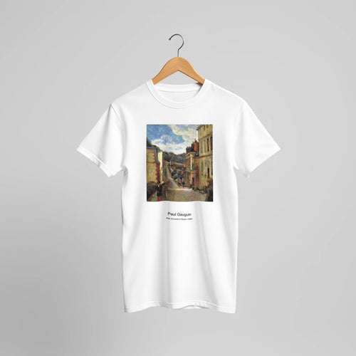 Tahitian Landscape (1891) by Paul Gauguin. Custom Print on a 100% Airlume Combed and Ring-Spun Cotton Unisex Crewneck T-shirt Original Aspect Ratio