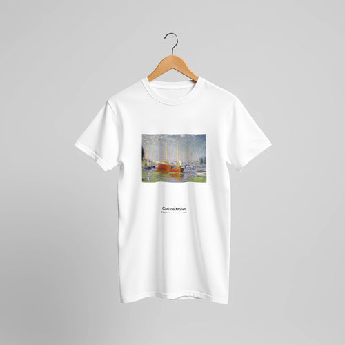 Red Boats at Argenteuil (1875) by Claude Monet. Custom Print on a 100% Airlume Combed and Ring-Spun Cotton Unisex Crewneck T-shirt Original Aspect Ratio