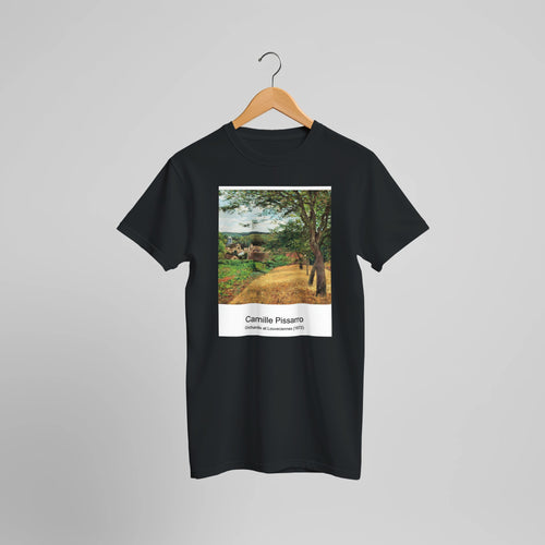 Orchards at Louveciennes (1872) by Camille Pissarro. Custom Print on a 100% Airlume Combed and Ring-Spun Cotton Unisex Crewneck T-shirt Optimised Aspect Ratio.
