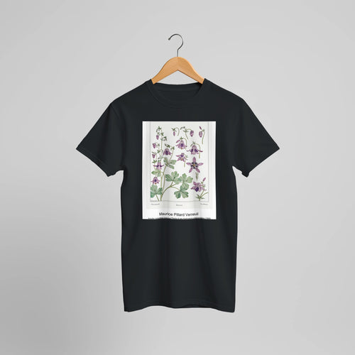 Ancolie (columbine) from La Plante et ses Applications ornementales (1896) by Maurice Pillard Verneuil. Custom Print on a 100% Airlume Combed and Ring-Spun Cotton Unisex Crewneck T-shirt Optimised Aspect Ratio.