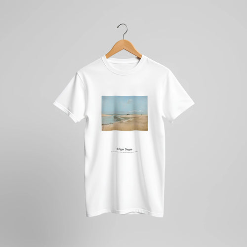 Beach at Low Tide (Mouth of the River) (1869) by Edgar Degas. Custom Print on a 100% Airlume Combed and Ring-Spun Cotton Unisex Crewneck T-shirt Original Aspect Ratio