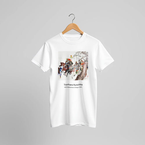 Public Appearances of Shogun (1897) by Toyohara Kunichika. Custom Print on a 100% Airlume Combed and Ring-Spun Cotton Unisex Crewneck T-shirt Original Aspect Ratio