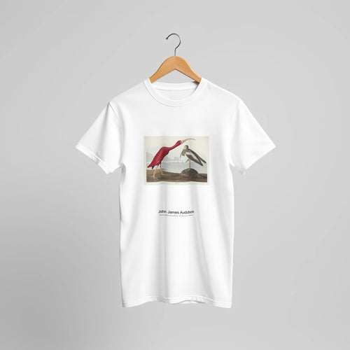 Scarlet Ibis from Birds of America (1827) by John James Audubon. Custom Print on a 100% Airlume Combed and Ring-Spun Cotton Unisex Crewneck T-shirt Original Aspect Ratio