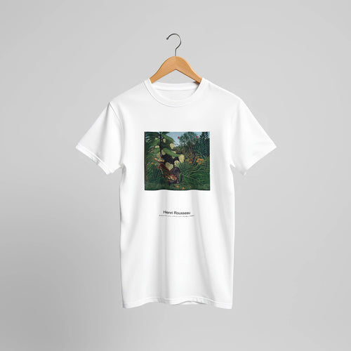 Fight between a Tiger and a Buffalo (1908) by Henri Rousseau. Custom Print on a 100% Airlume Combed and Ring-Spun Cotton Unisex Crewneck T-shirt Original Aspect Ratio