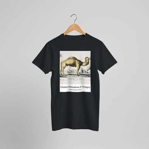 Camel (Camelus) (1892) by Charles Dessalines D' Orbigny. Custom Print on a 100% Airlume Combed and Ring-Spun Cotton Unisex Crewneck T-shirt Optimised Aspect Ratio.
