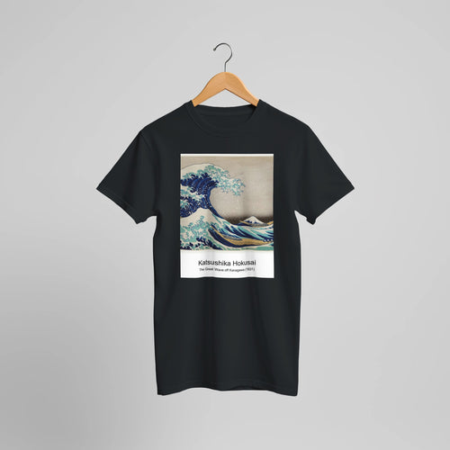The Great Wave off Kanagawa (1831) by Katsushika Hokusai. Custom Print on a 100% Airlume Combed and Ring-Spun Cotton Unisex Crewneck T-shirt Optimised Aspect Ratio.