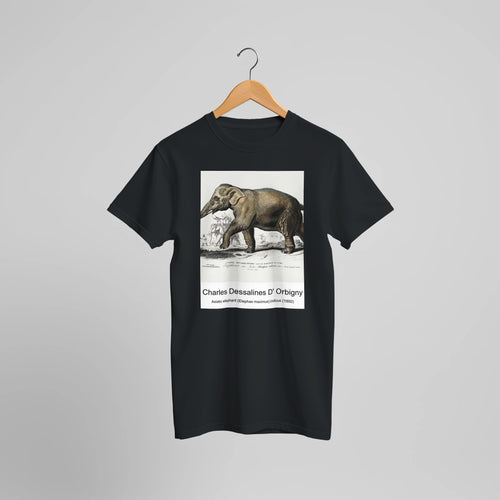 Asiatic elephant (Elephas maximus) indicus (1892) by Charles Dessalines D' Orbigny. Custom Print on a 100% Airlume Combed and Ring-Spun Cotton Unisex Crewneck T-shirt Optimised Aspect Ratio.
