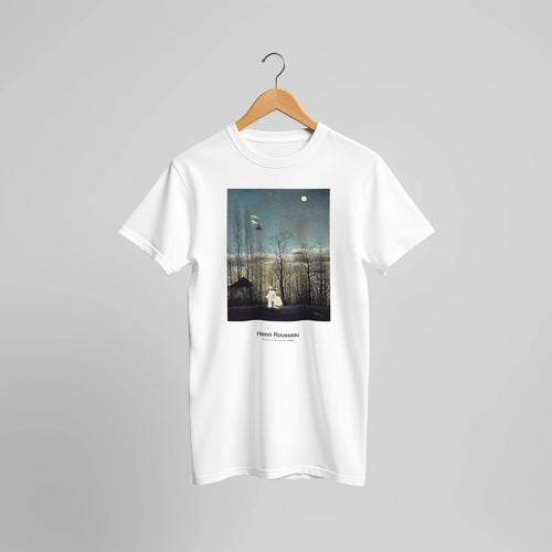 Carnival Evening (1886) by Henri Rousseau. Custom Print on a 100% Airlume Combed and Ring-Spun Cotton Unisex Crewneck T-shirt Original Aspect Ratio