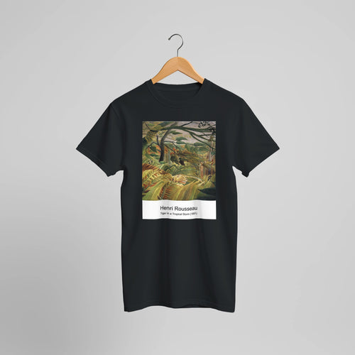 Tiger in a Tropical Storm (1891) by Henri Rousseau. Custom Print on a 100% Airlume Combed and Ring-Spun Cotton Unisex Crewneck T-shirt Optimised Aspect Ratio.