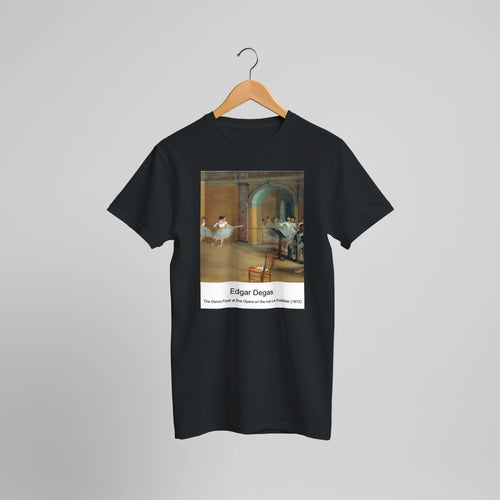 The Dance Foyer at the Opera on the rue Le Peletier (1872) by Edgar Degas. Custom Print on a 100% Airlume Combed and Ring-Spun Cotton Unisex Crewneck T-shirt Optimised Aspect Ratio.